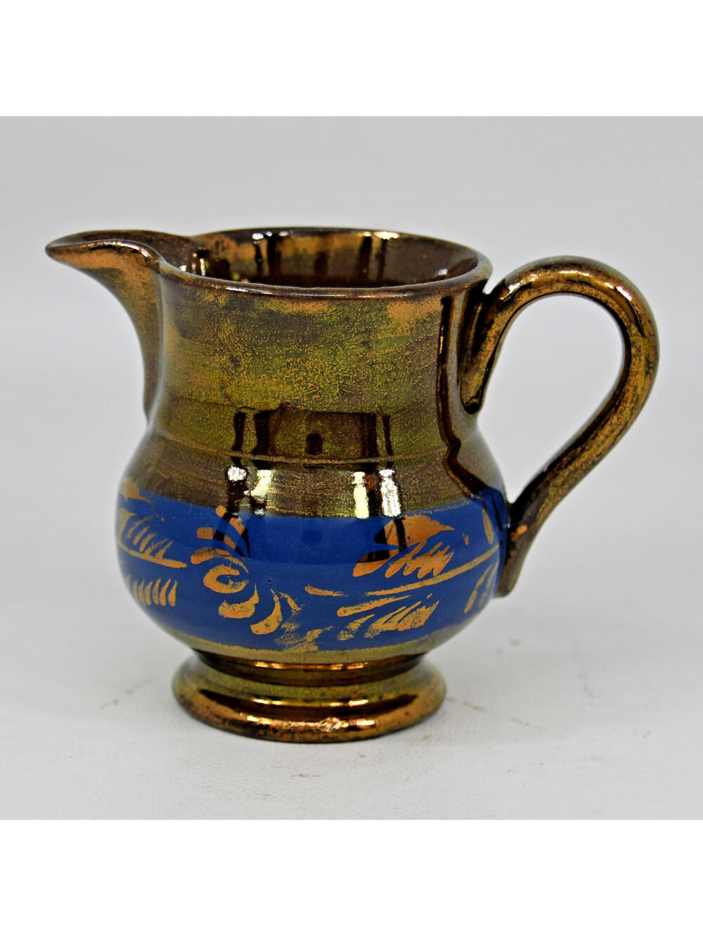 English Copper & Blue Luster Ware Mini Cream Pitcher HP Florals c. 1850 Antique